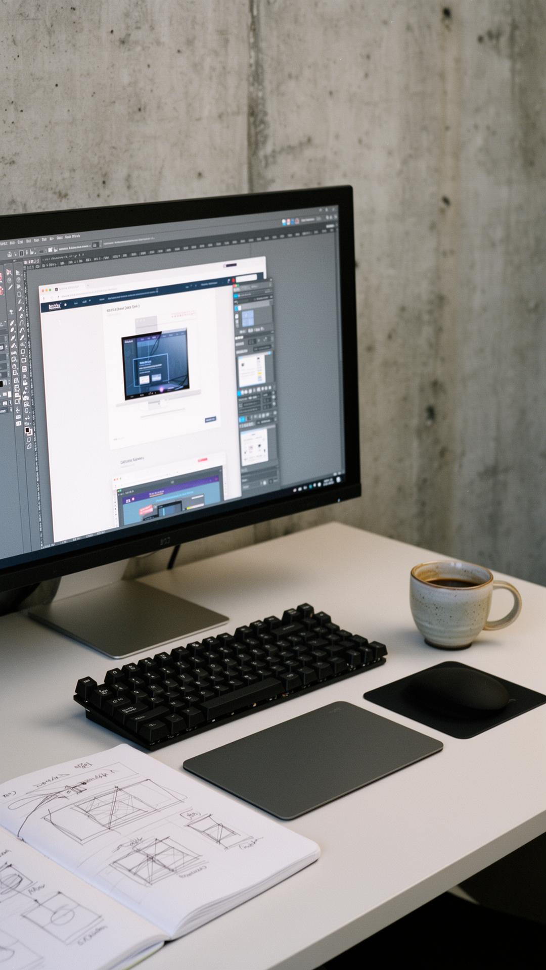 Designer workstation with a large monitor displaying a website design project in progress