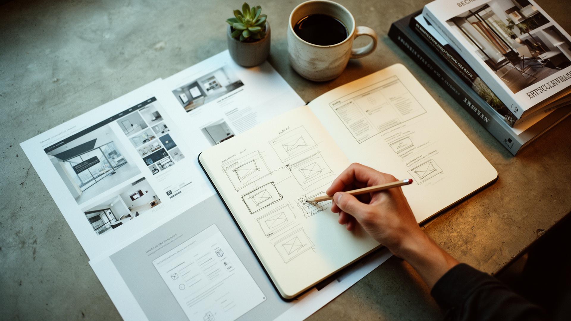 A designer sketching website wireframes in a notebook with printed mockups on the desk.